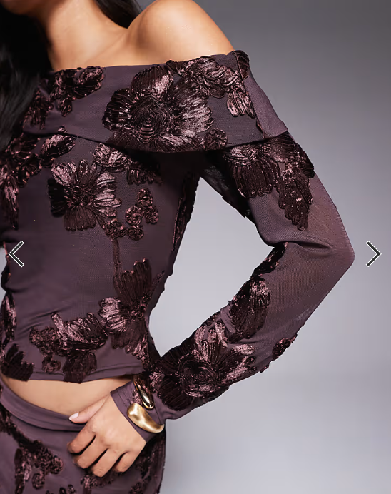 Kaiia exclusive textured floral asymmetric fallen shoulder long sleeve top in chocolate - part of a set