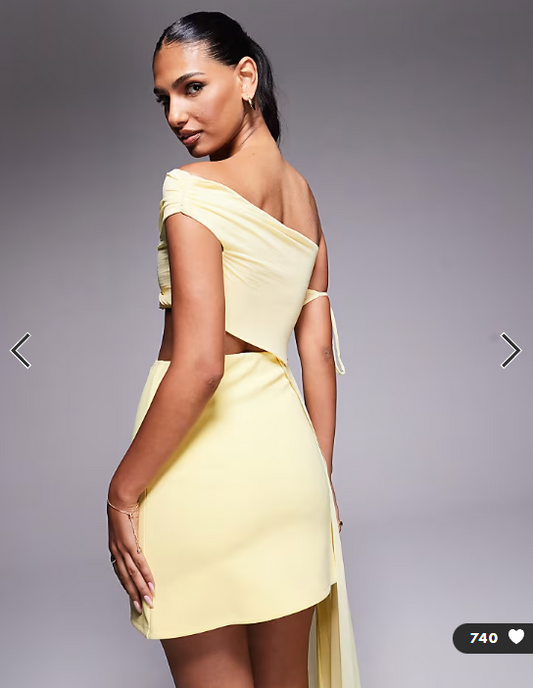 ASOS DESIGN off shoulder cut out mini dress with mesh drape in yellow