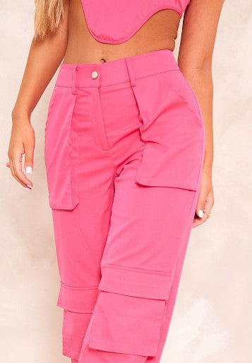 Hot Pink Woven Pocket Detail High Waist Cargo Trousers