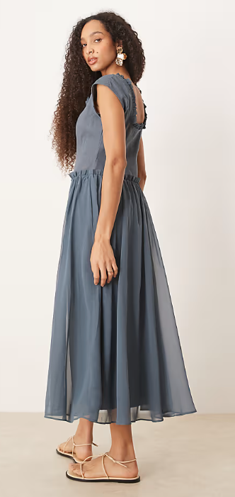 ASOS DESIGN zip through twill bodice midi dress in denim blue
