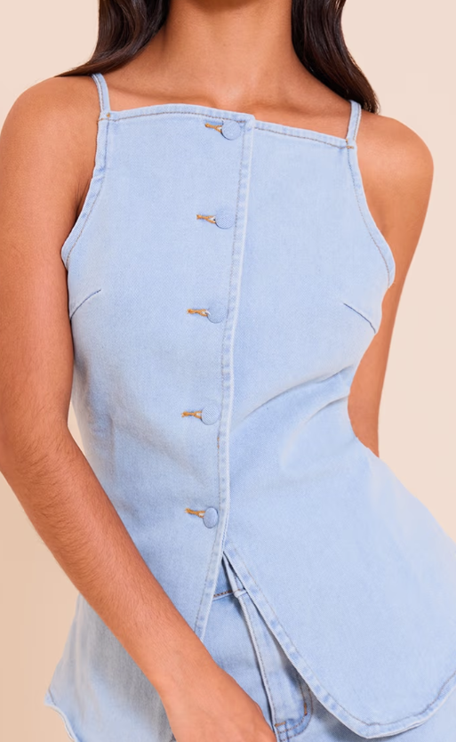 Plt - Petite Light Blue Fitted Square Neck Denim Waistcoat