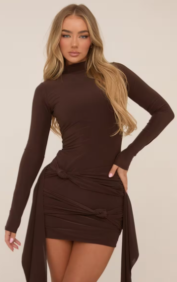 Long Sleeve High Neck Multi Wrap Front Mini Bodycon Dress In Brown Slinky