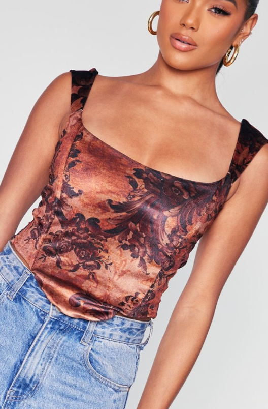Rust Printed Velvet Square Boned Corset