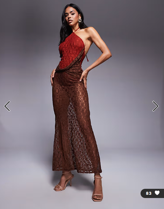 ASOS DESIGN lace halter maxi dress with twist skirt detail in red and chocolate