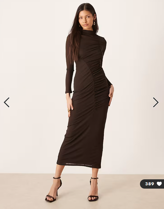 ASOS DESIGN asymmetric ruched midi dress in chocolate