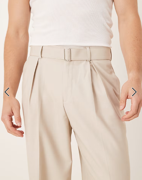 ASOS DESIGN smart wide leg belted trousers with front pleat in stone