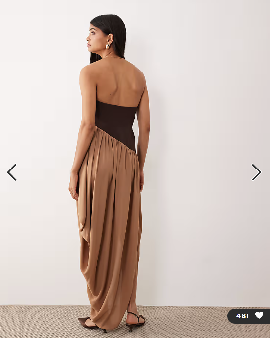 ASOS DESIGN structured curved bandeau neckline midi dress with contrast soft draped skirt in brown