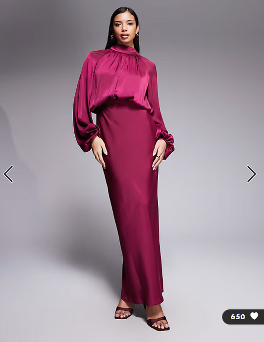 ASOS DESIGN textured blouson maxi dress with high neck and tie back in raspberry