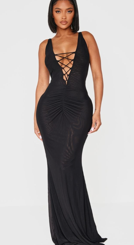 Shape Black Mesh Plunge Front Lace Up Floor Length Dress