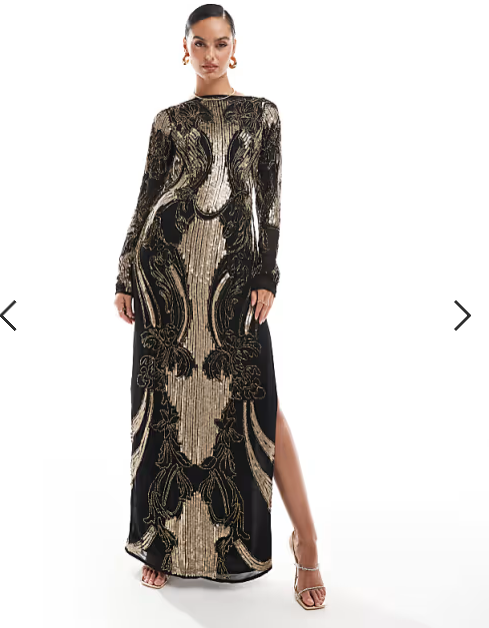 ASOS DESIGN embellished sheer long sleeve column maxi dress with open back in black and gold