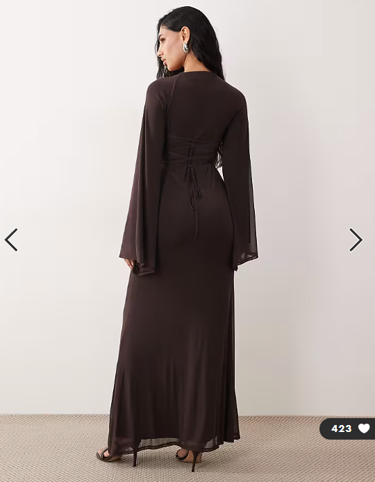 ASOS DESIGN mesh flute sleeve corset detail maxi dress in chocolate