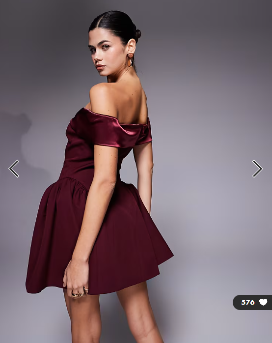 Wanderdoll Daphne structured bardot satin sleeve hip pleat mini dress in burgundy