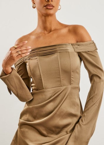 Khaki Satin Pleat Detail Bardot Flared Sleeve Bodycon Dress