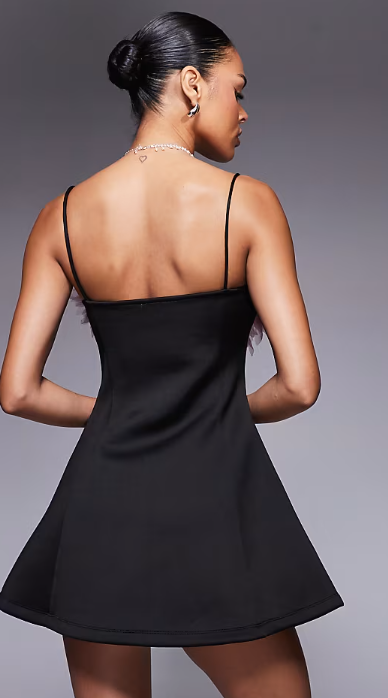 ASOS DESIGN a-line mini dress with 3D organza petal bust in black in scuba-style fabric