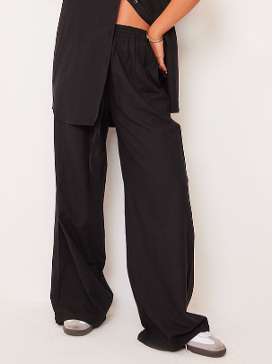 Black Linen Look Drawstring Extreme Wide Leg Trousers