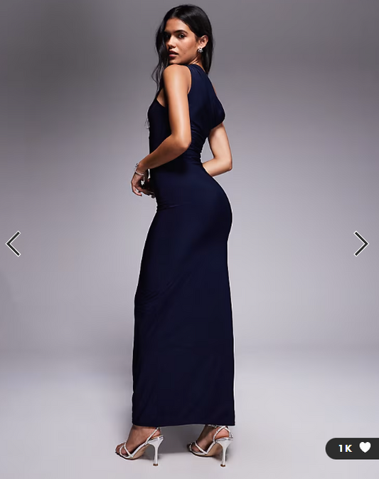 Kaiia exclusive double layered slinky bodycon off shoulder twist strap maxi dress in navy