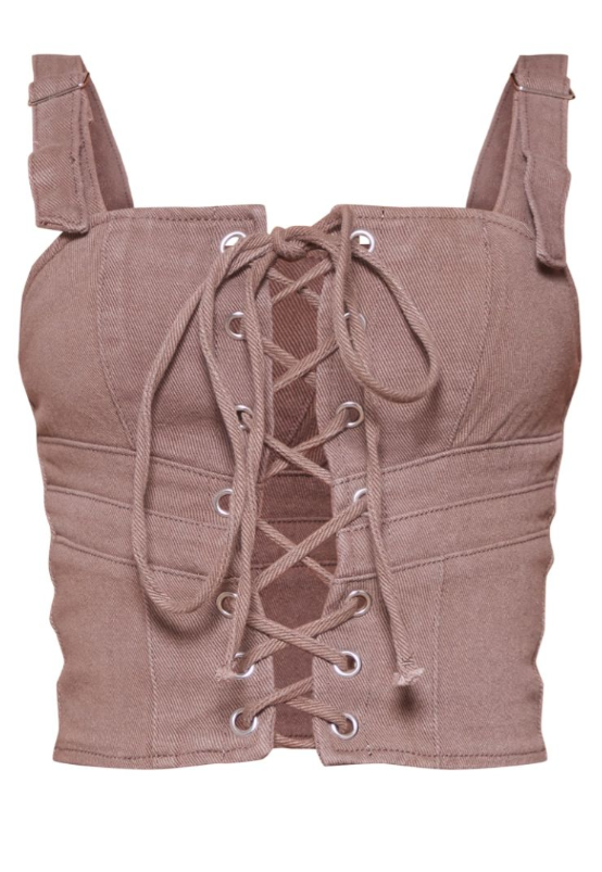 Washed Brown Lace Up Front Detail Denim Top