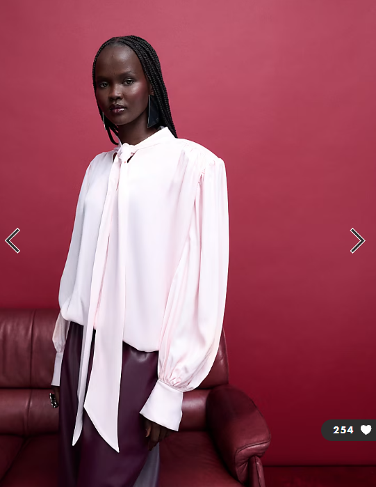 ASOS DESIGN satin shoulder pad tie neck blouse in pink