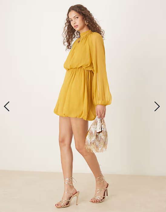 ASOS DESIGN long sleeve blouson mini dress with skirt in ochre