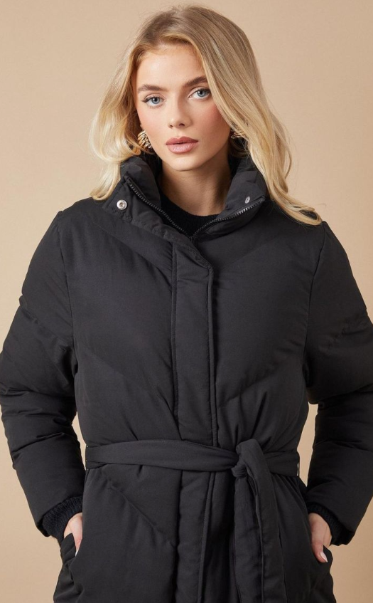 Oasis Belted Midi Padded Funnel Neck Coat