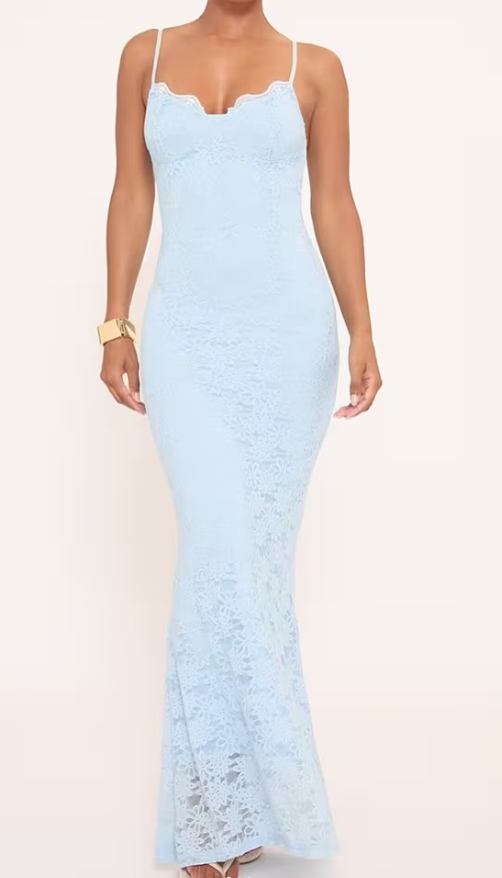 Ego - Strappy Cupped Detail Maxi Dress In Blue Lace