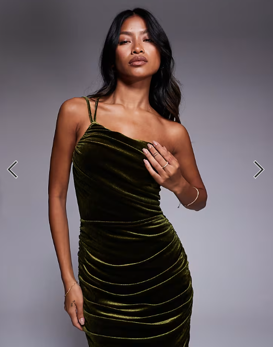 TFNC ruched one shoulder maxi dress in olive green velvet