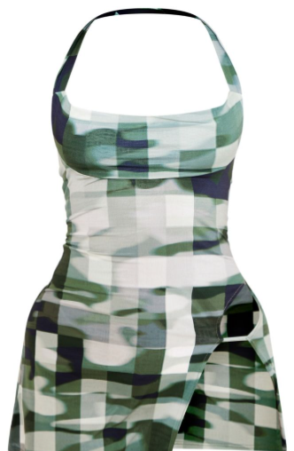 Green Camo Print Slinky Cowl Thigh Split Shift Dress