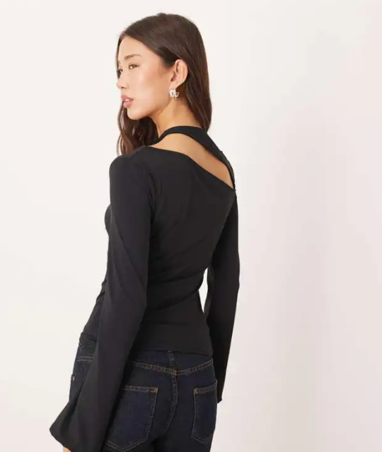 ASOS DESIGN cotton touch long sleeve top with cut out detail in black