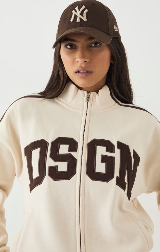 DSGN Studio Side Stripe Funnel Neck Zip Through Bomber Hoodie- cream