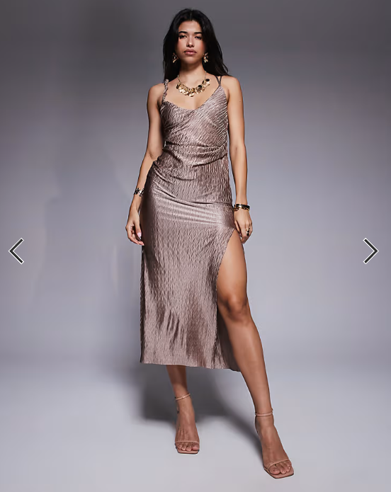 ASOS DESIGN chevron pleat plunge midi with bubble straps in mocha