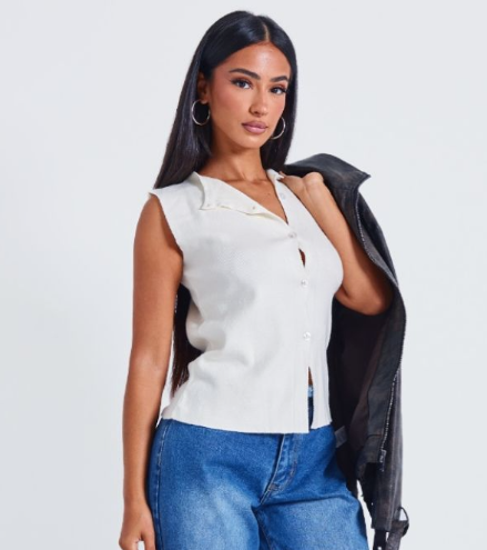 Petite Cream Knit Asymmetric Button Waistcoat