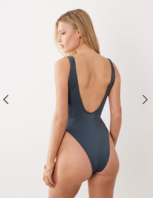 ASOS DESIGN Maya Bora Bora tie front low back swimsuit in charcoal