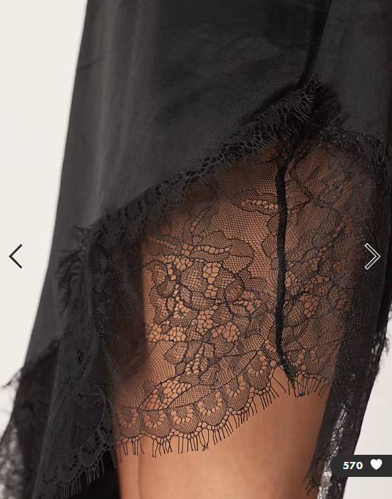 ASOS DESIGN satin lace trim asym hem maxi dress in black