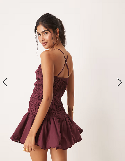 ASOS DESIGN shirred bodice racer drop waist mini dress in plum