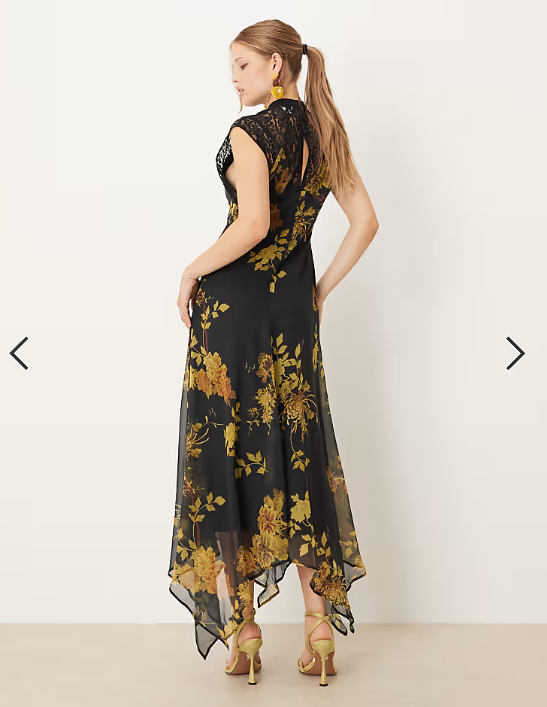 ASOS DESIGN seamed high neck lace detail midi dress in dark yellow floral print