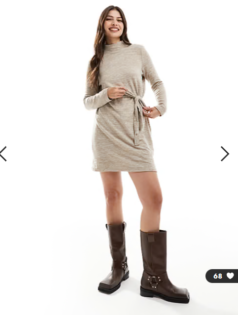 Vero Moda high neck knitted mini dress with tie waist in beige melange