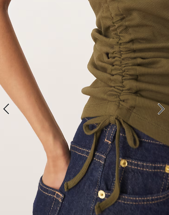 ASOS DESIGN rib grown on neck top with ruched side in khaki