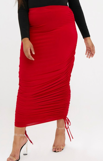 Red Ruched Tie Side Slinky Midaxi Skirt