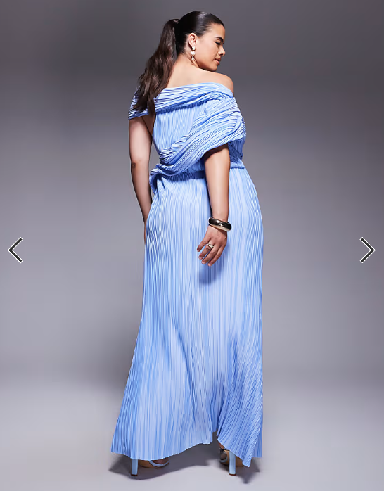 ASOS DESIGN Curve plisse drape shoulder maxi dress with wrap skirt in pastel blue