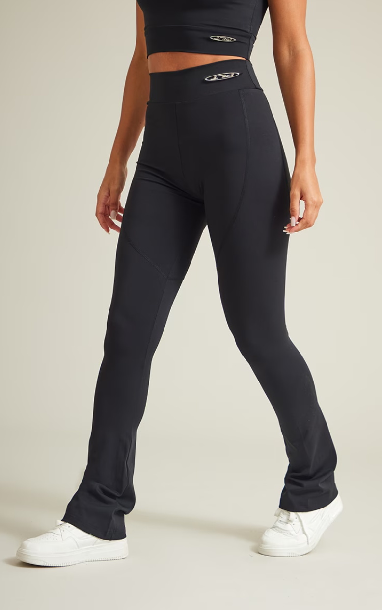 Black Sport Metal Badge Sculpt High Waist Flare Trousers