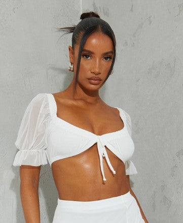 White Mesh Tie Front Detail Puff Sleeve Bralet