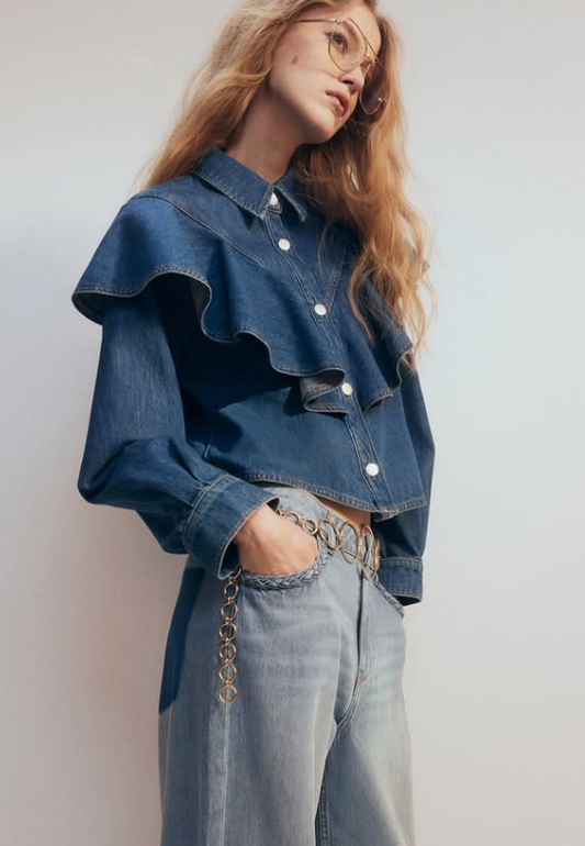 H&M - FLOUNCE-TRIMMED DENIM SHIRT