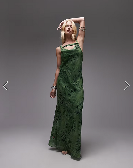 Topshop knot neck deep cowl occasion maxi dress in green snake
