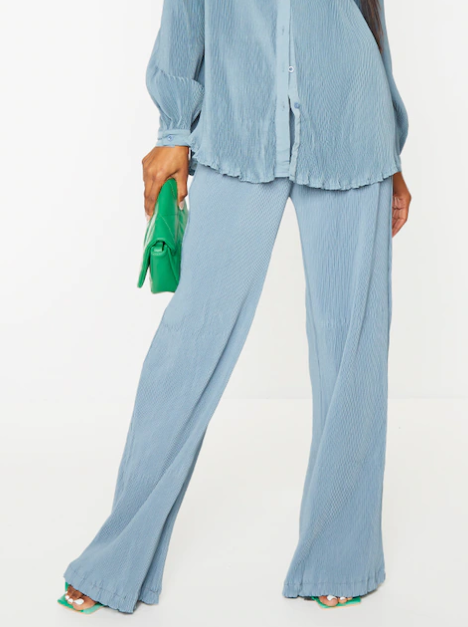 Steel Blue Plisse High Waisted Wide Leg Trousers