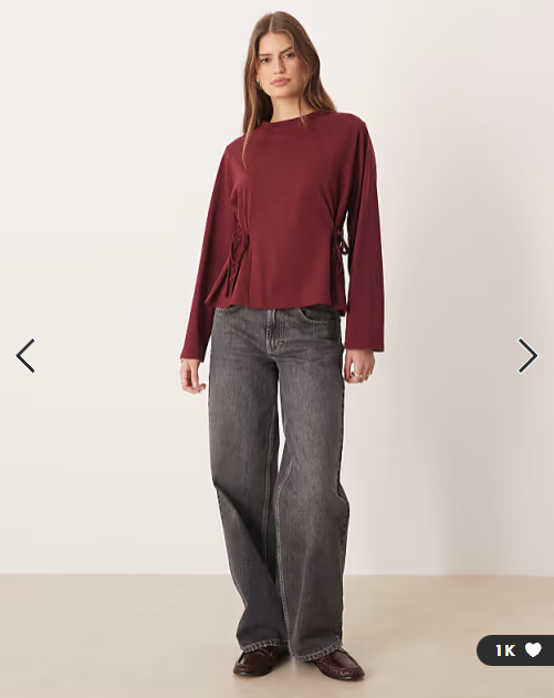 ASOS DESIGN tie waisted detail long sleeve top in dark cherry