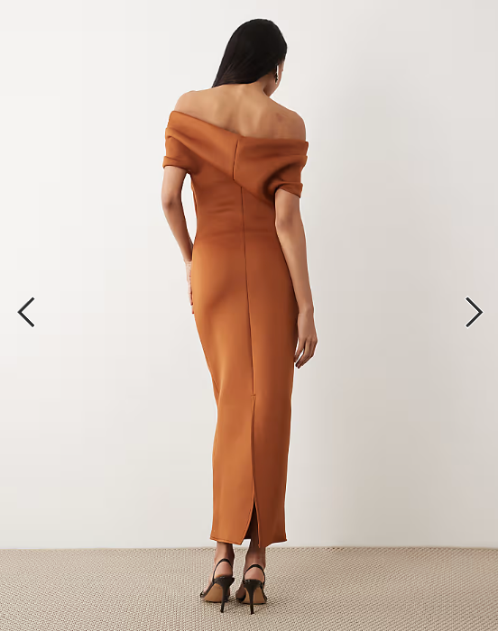 ASOS DESIGN bardot midi dress with split in brown scuba-style fabric