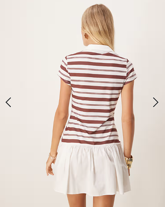 ASOS DESIGN short sleeve polo mini dress with poplin skirt in white and burgundy stripe