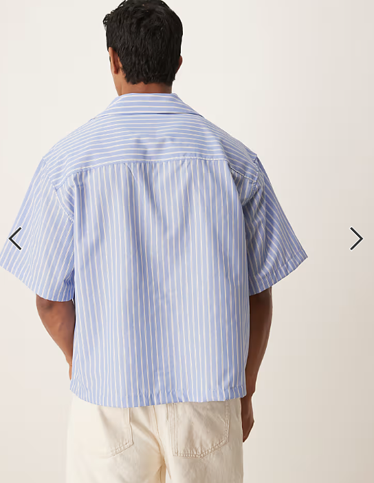 ASOS DESIGN boxy oversized revere shirt with embroidery in blue and white stripe