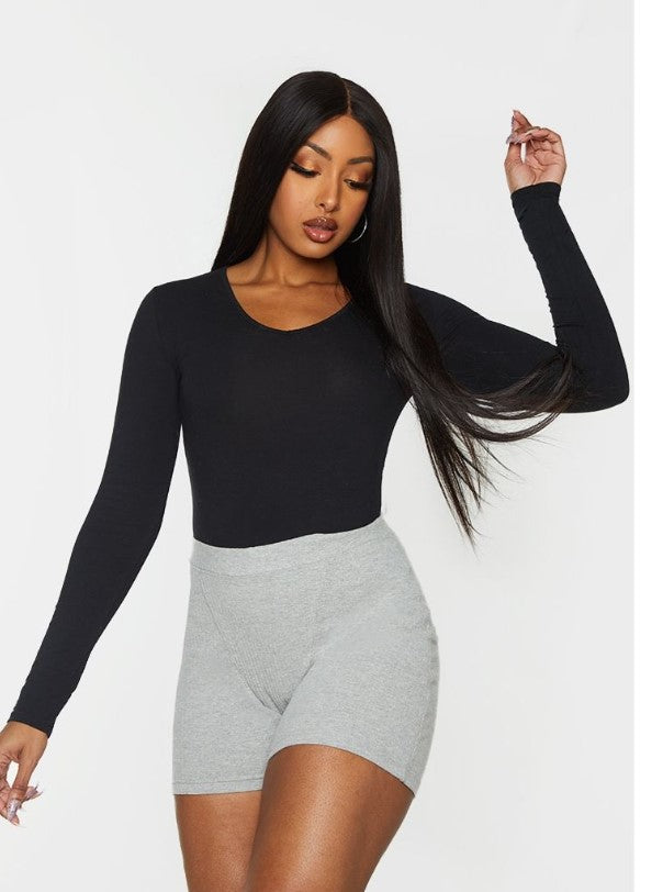 Basic Cotton Blend V Neck Long Sleeve Bodysuit