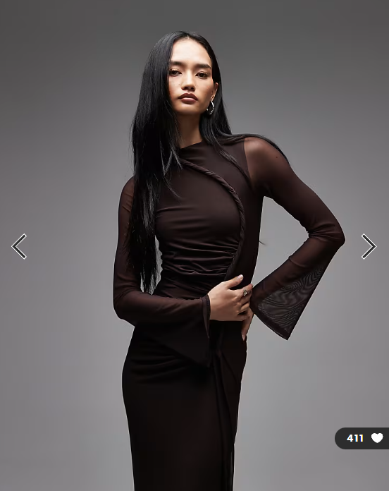 ASOS DESIGN mesh long sleeve maxi dress with twist detail in brown